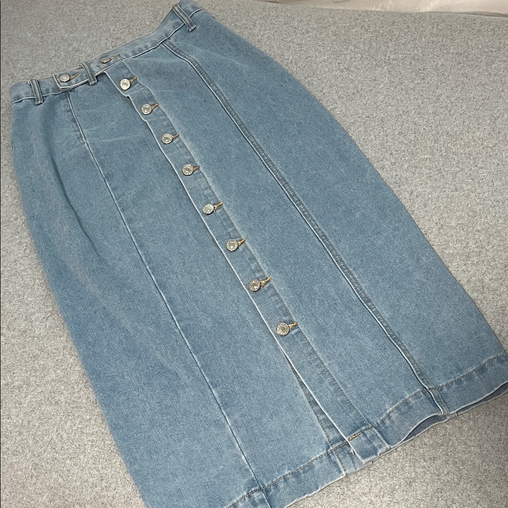 Y2K Denim Maxi Skirt Small Button Front Modest Capsule Coastal Long Essential